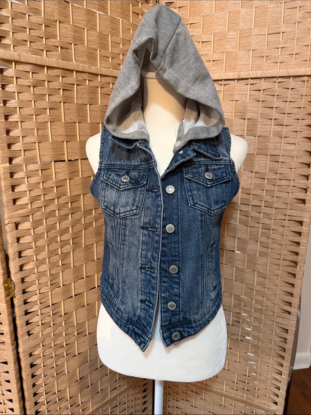 Girls' Denim Hooded Vest - Dark Blue Jean Jacket with Gray Hood